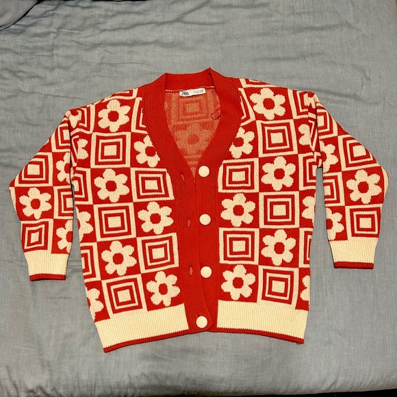 *Zara* Orange & Cream Floral Knit Cardigan, Small - Picture 2 of 8